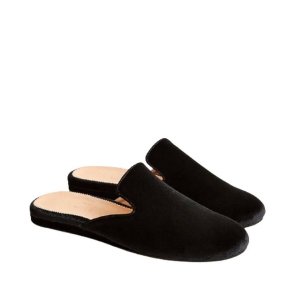NEW JCREW Velvet Slides Mules Womens 7.5 Black Flats Shoes BD335 Leather Lined